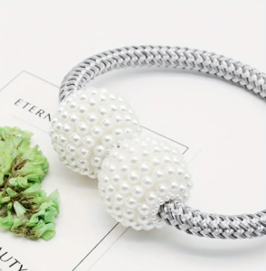 Luxury pearl magnetic curtain tie back in silver rope – elegant curtain holder for home decor