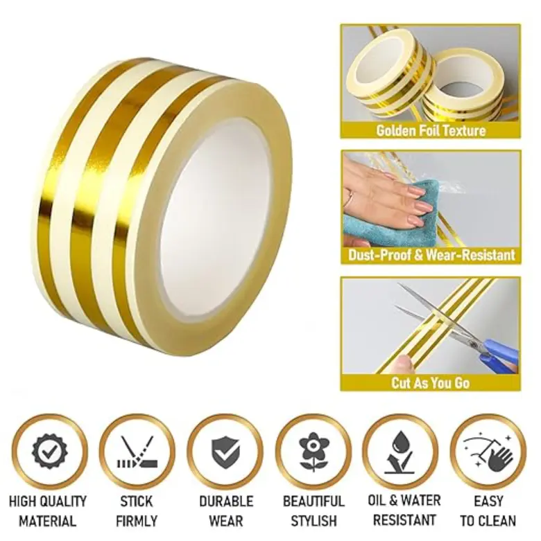 (4 পিস কম্বো সেট) Premium 3-Line Luxury Gold Waterproof Self-Adhesive Tiles Decor & Gap Sealing Tape